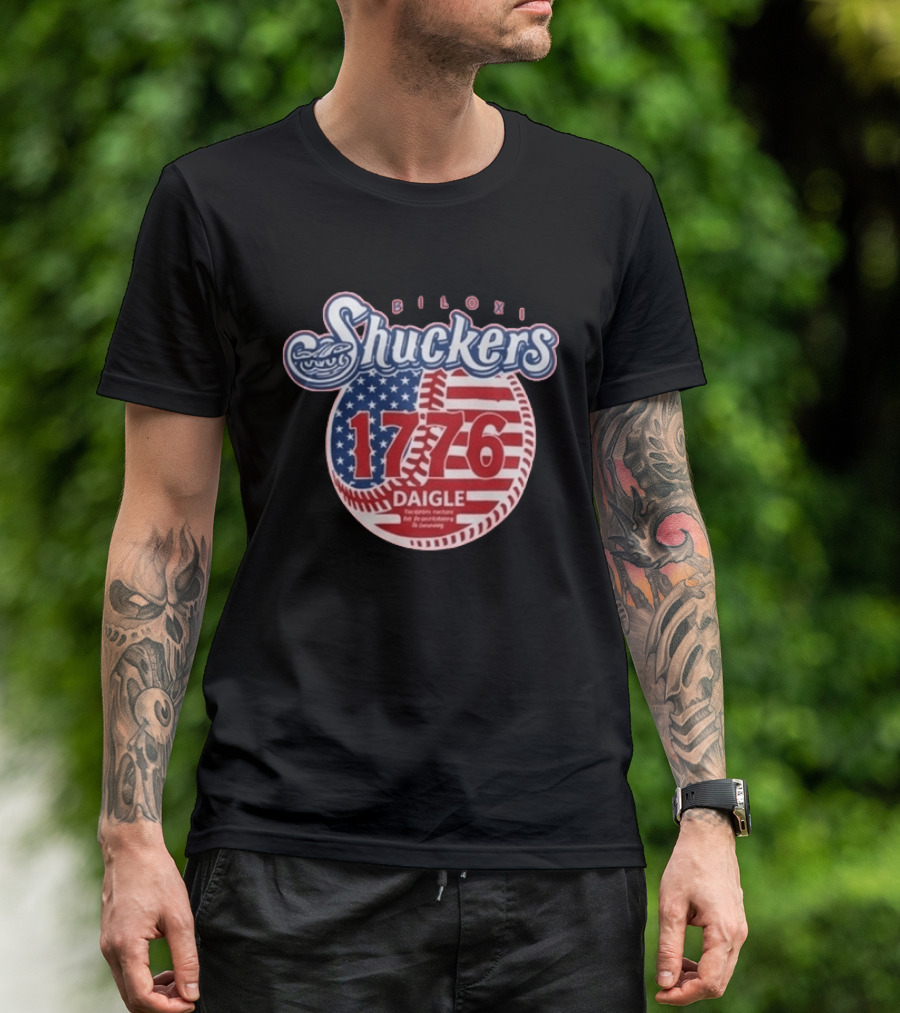Biloxi Shuckers 1776 American Flag Baseball Daigle Text Stars Stripes T-Shirt