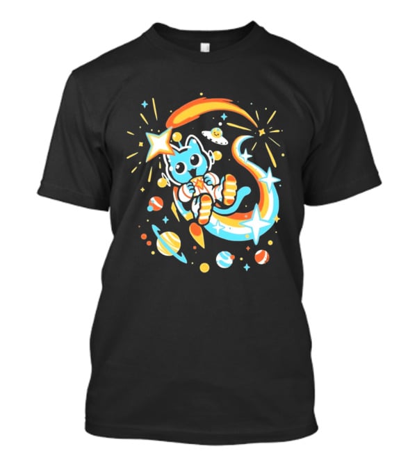 Cosmic Cat Cosmonaut Adventure In Stardust Space With Planets And Shooting Stars T-Shirt
