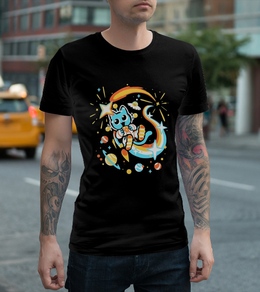 Cosmic Cat Cosmonaut Adventure In Stardust Space With Planets And Shooting Stars T-Shirt