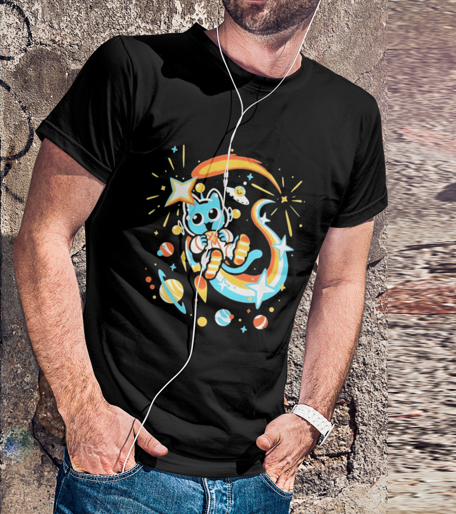Cosmic Cat Cosmonaut Adventure In Stardust Space With Planets And Shooting Stars T-Shirt
