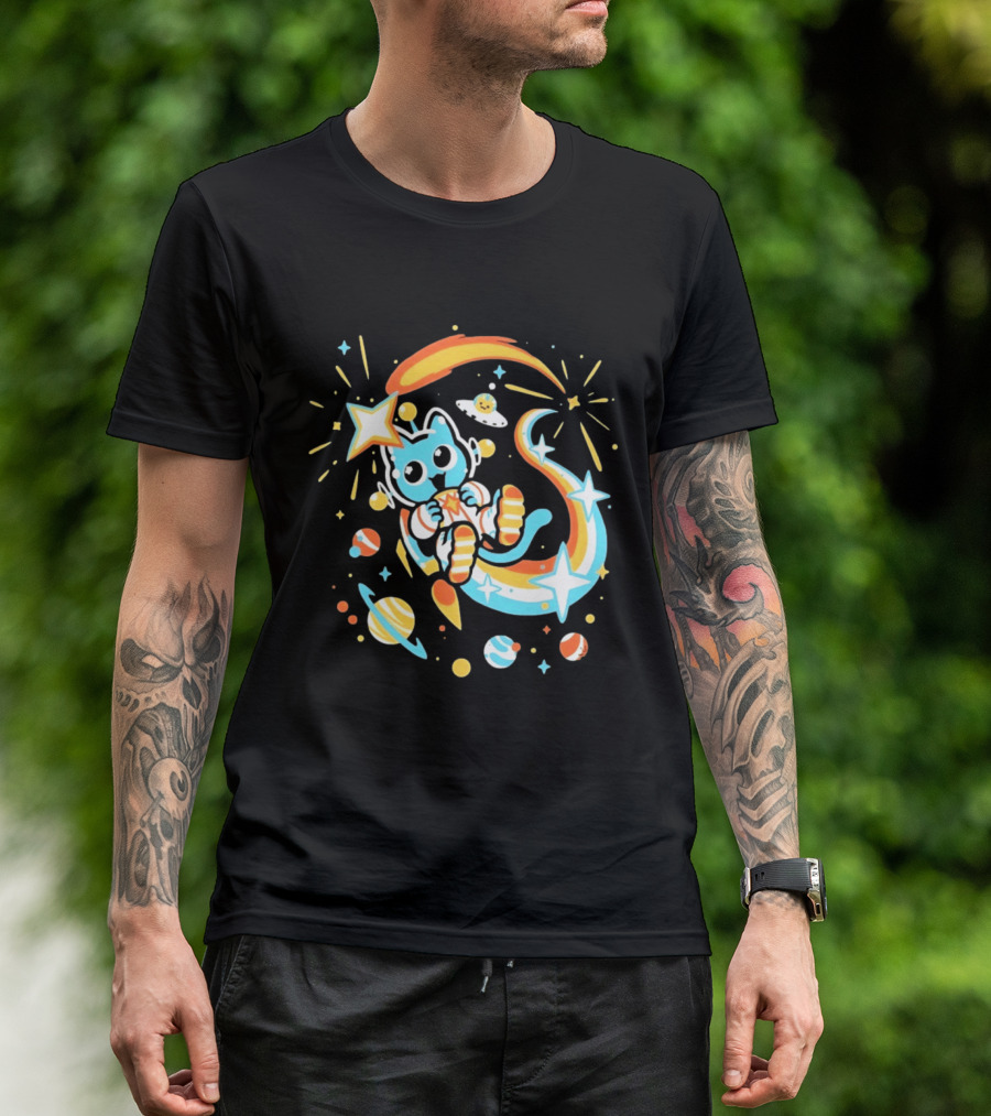 Cosmic Cat Cosmonaut Adventure In Stardust Space With Planets And Shooting Stars T-Shirt