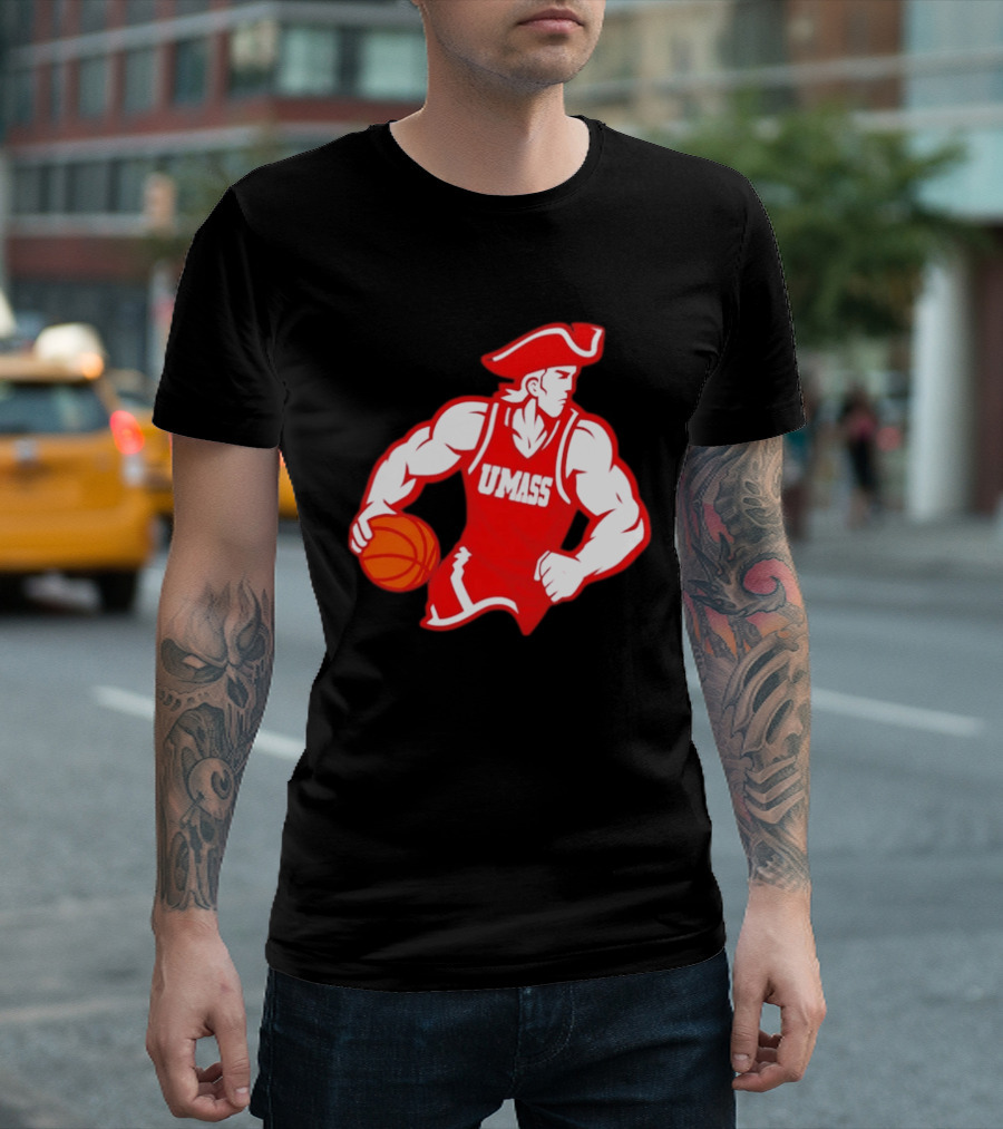 UMass Basketball Player Minuteman Holding Basketball T-Shirt