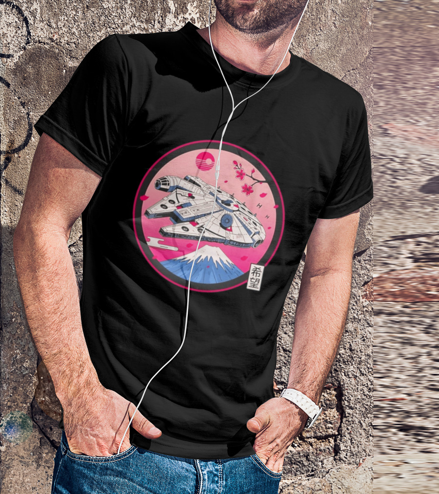 Millennium Falcon Over Fuji Cherry Blossoms Hope Kanji Circle T-Shirt