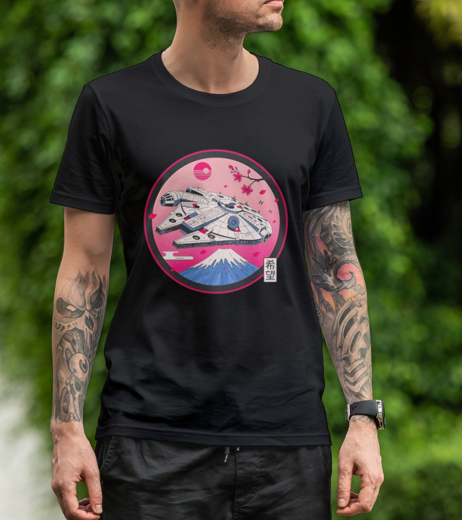 Millennium Falcon Over Fuji Cherry Blossoms Hope Kanji Circle T-Shirt