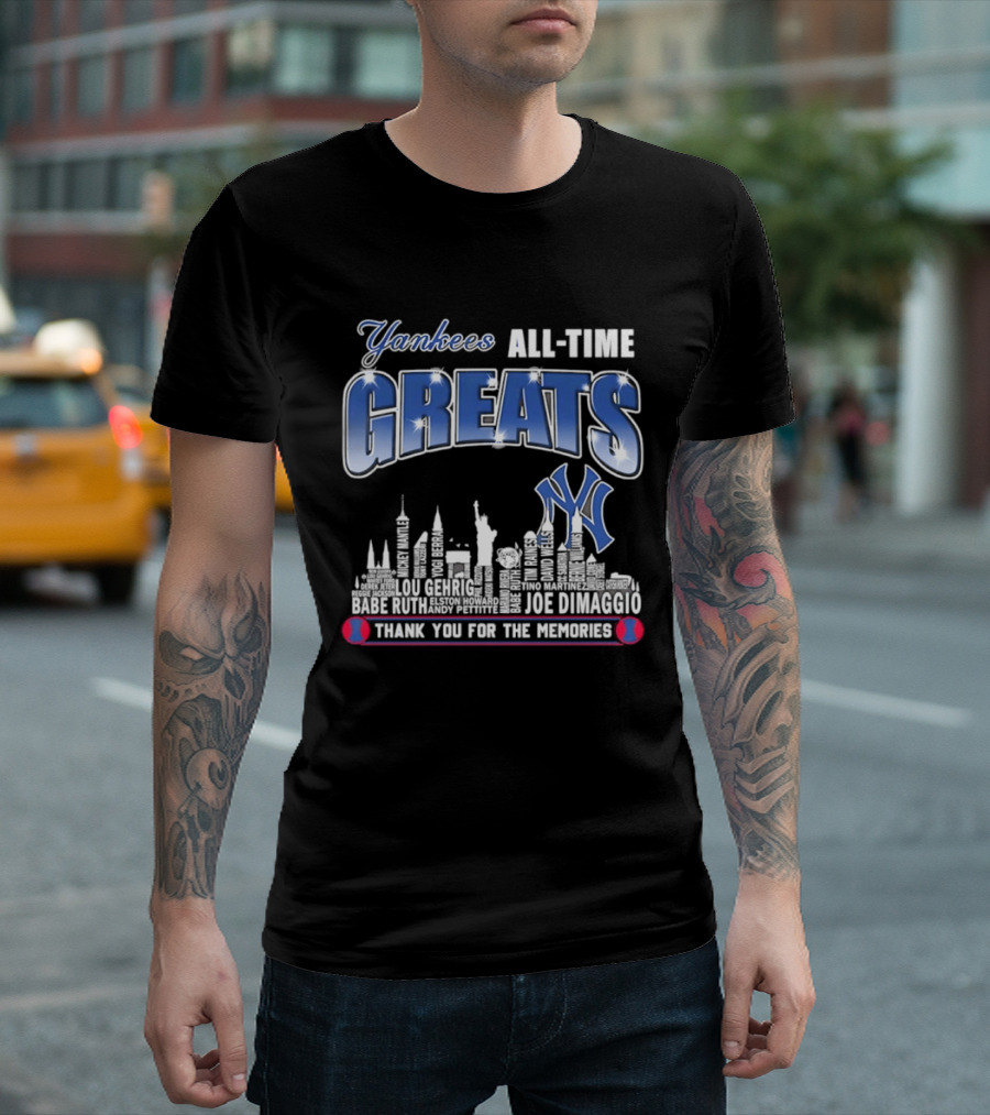 Yankees All Time Greats Lou Gehrig Babe Ruth Joe DiMaggio Derek Jeter MLB Skyline Yankees NY Thank You For The Memories T-Shirt