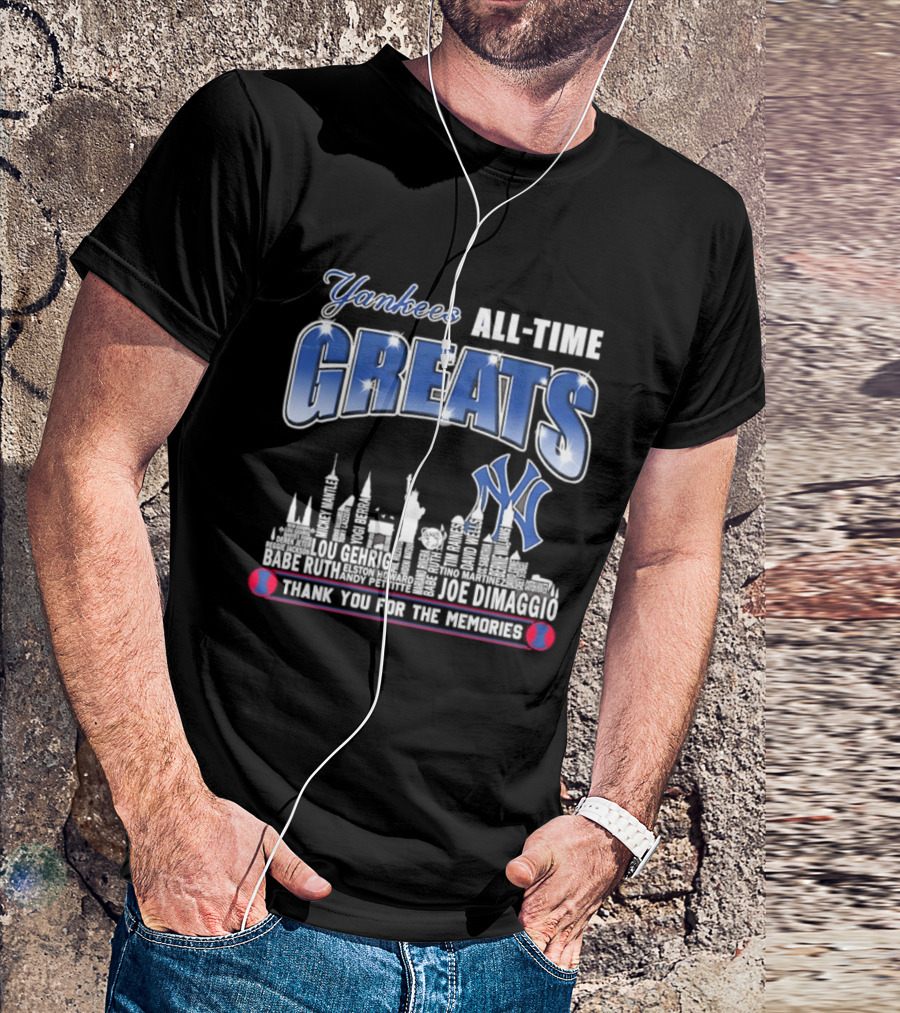 Yankees All Time Greats Lou Gehrig Babe Ruth Joe DiMaggio Derek Jeter MLB Skyline Yankees NY Thank You For The Memories T-Shirt