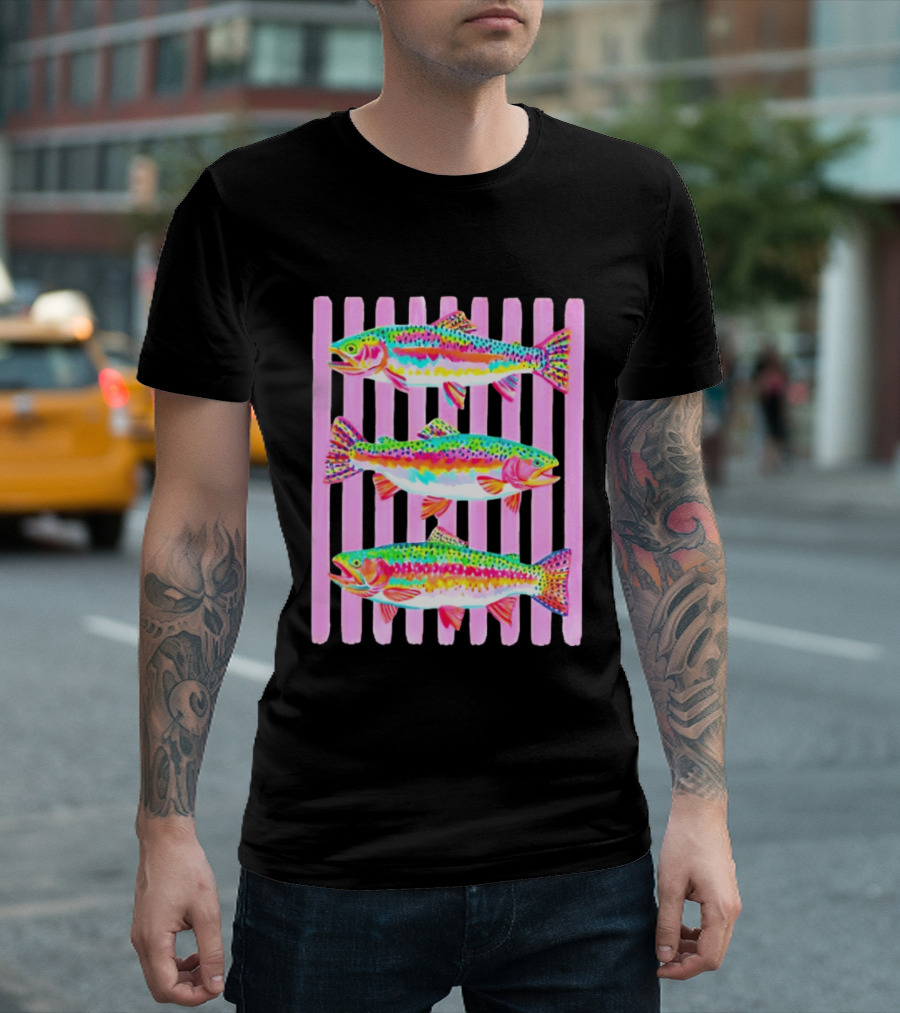 Rainbow Trout Fish Three Swimming Pink Vertical Striped T-Shirt