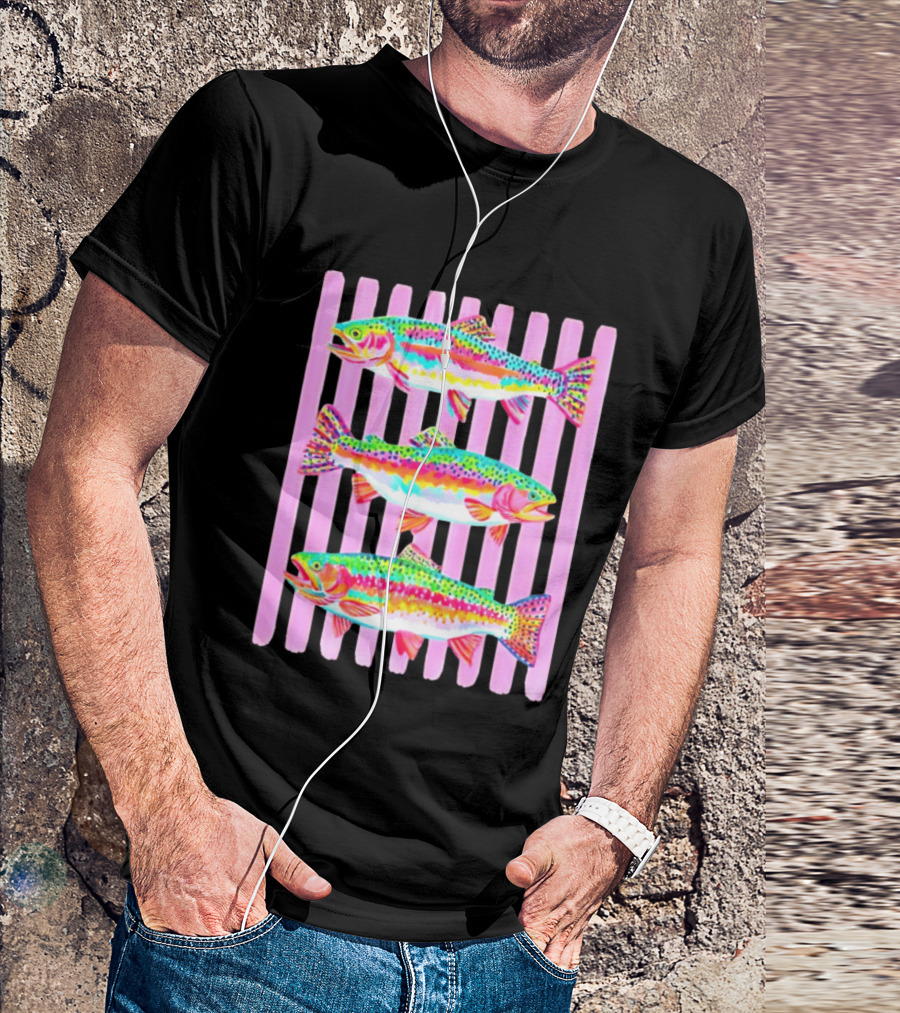 Rainbow Trout Fish Three Swimming Pink Vertical Striped T-Shirt