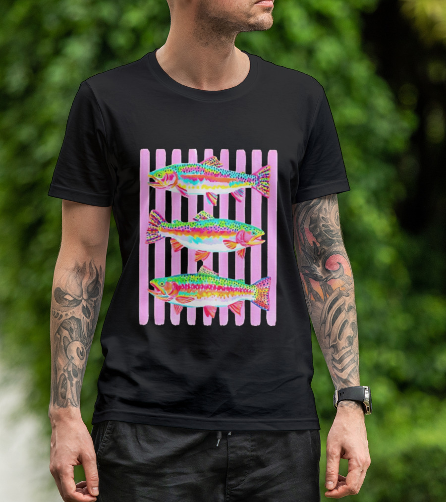 Rainbow Trout Fish Three Swimming Pink Vertical Striped T-Shirt