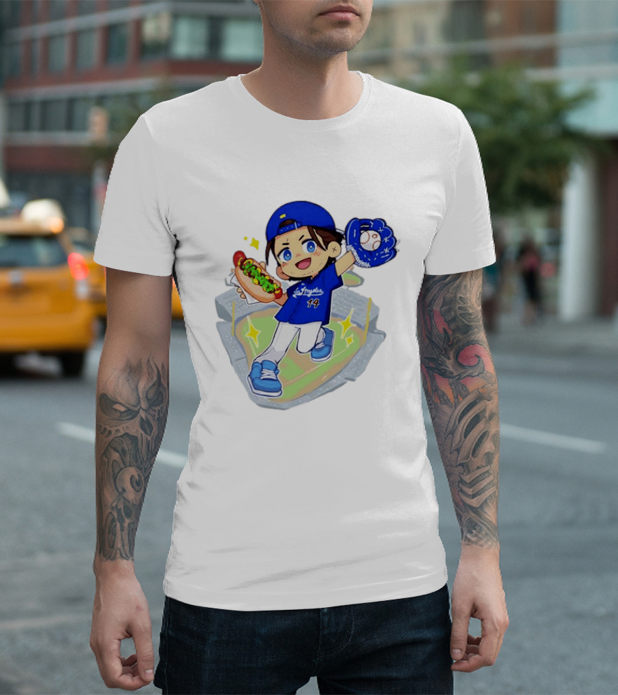 Enrique Hernandez Los Angeles Dodgers 14 Cartoon Style Baseball Glove And Hot Dog T-Shirt