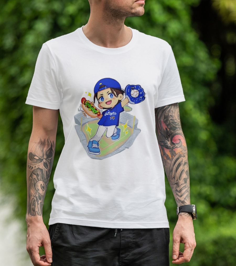 Enrique Hernandez Los Angeles Dodgers 14 Cartoon Style Baseball Glove And Hot Dog T-Shirt