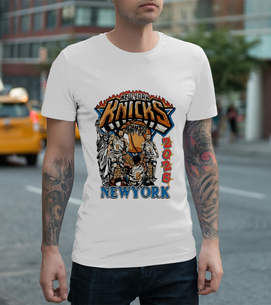 New York Knicks 2026 Champs Jalen Brunson OG Anunoby Josh Hart Statue Of Liberty T-Shirt