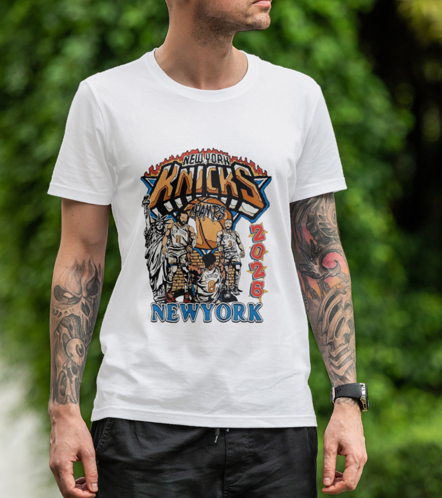 New York Knicks 2026 Champs Jalen Brunson OG Anunoby Josh Hart Statue Of Liberty T-Shirt