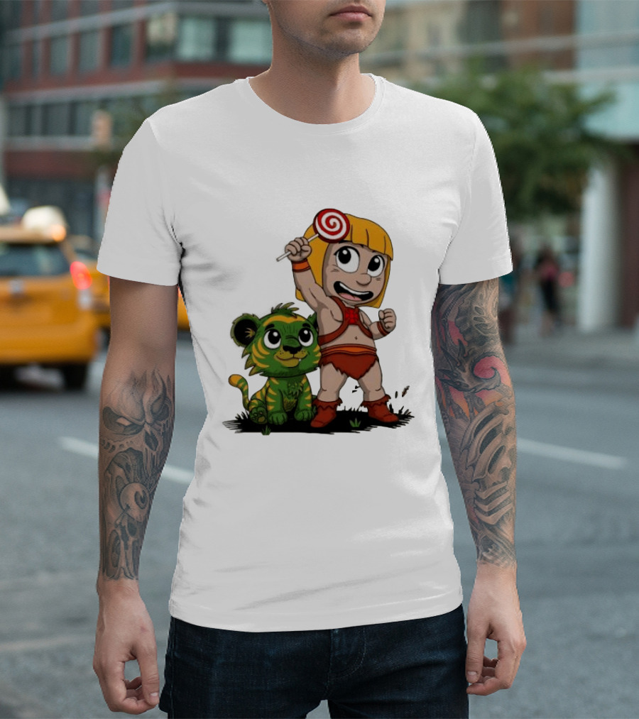 Master Of Kindergarten He Man Chibi With Tiger And Lollipop T-Shirt