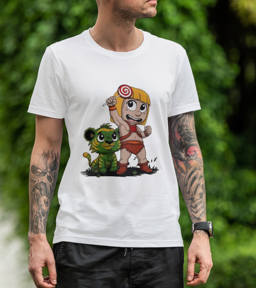 Master Of Kindergarten He Man Chibi With Tiger And Lollipop T-Shirt