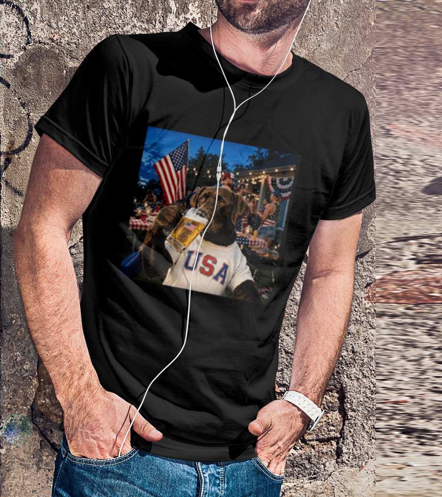USA Chocolate Lab Drinking Beer American Flag 4th Of July Dog T-Shirt