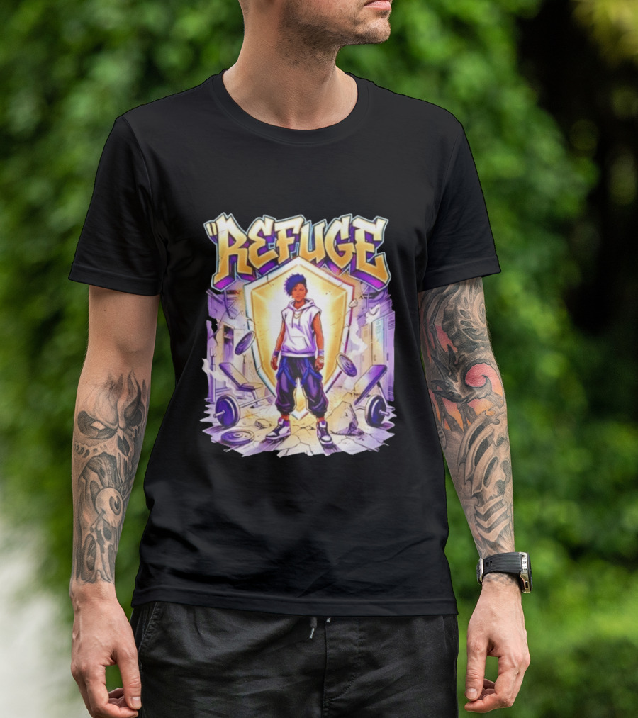 Refuge Strength God Shield Manga Style Weightlifting Motif T-Shirt