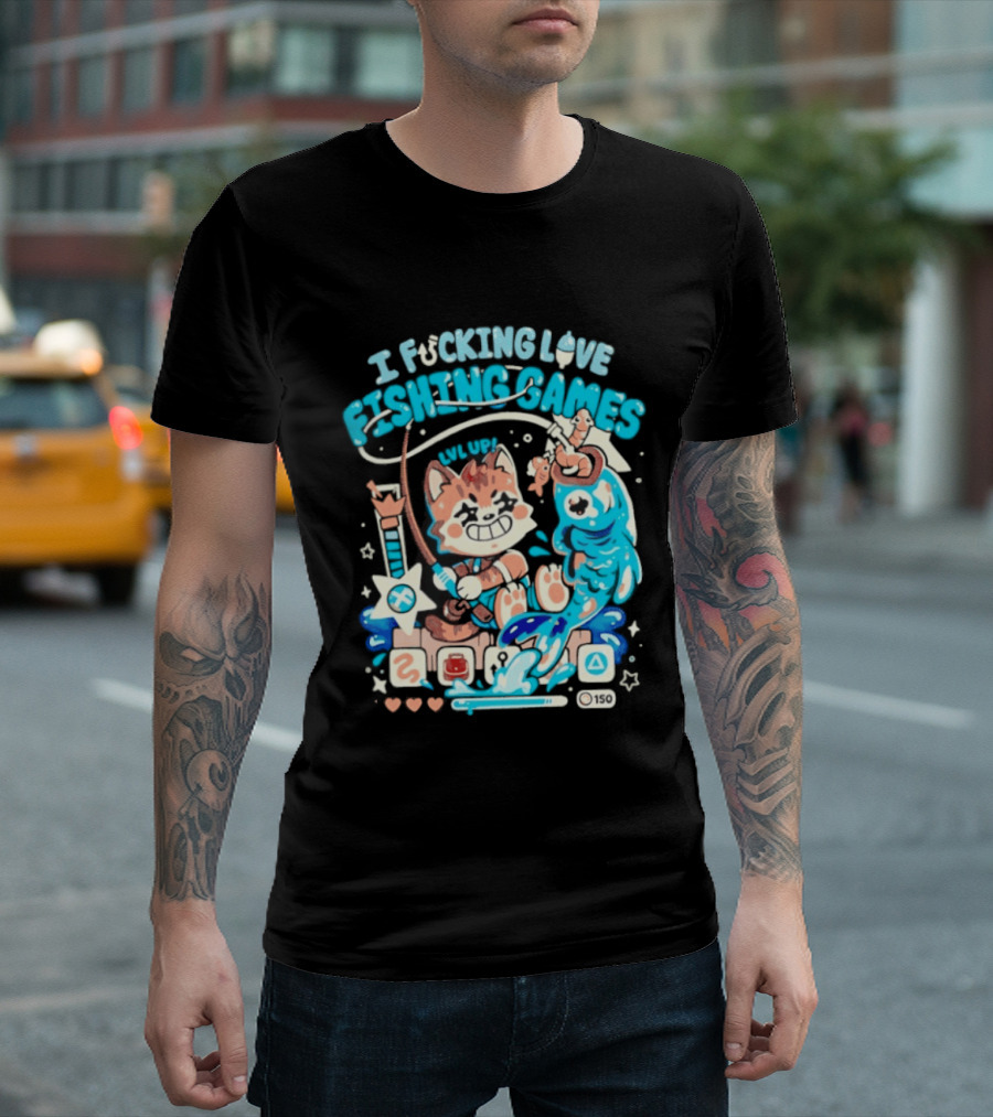 I Fucking Love Fishing Games XP Splash Cute Cat With Fish And Hearts T-Shirt