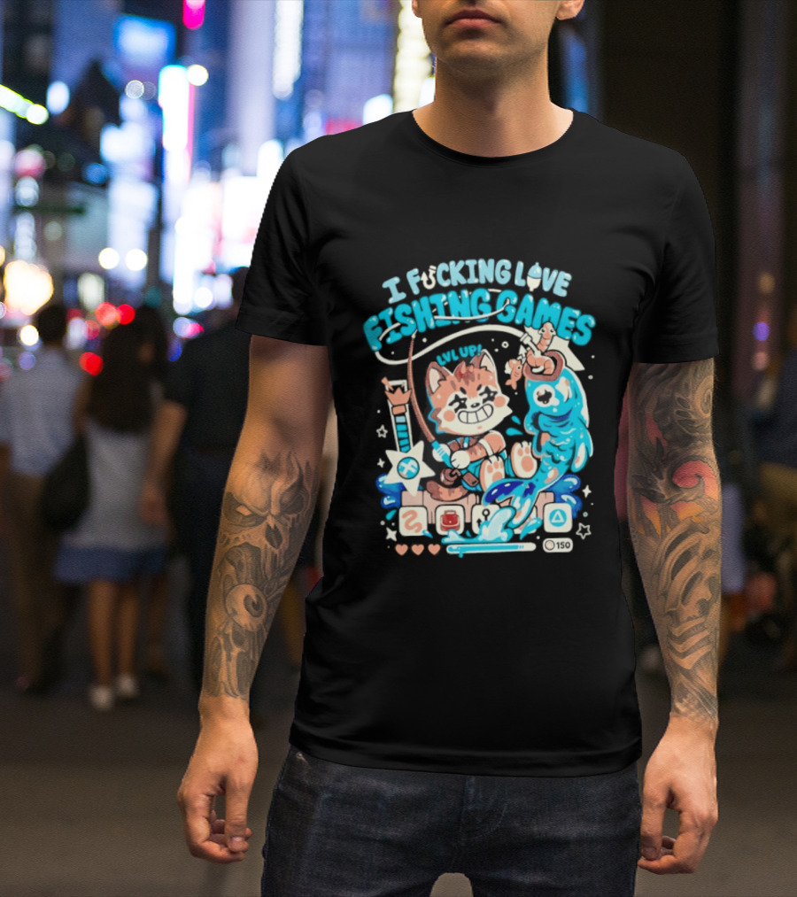 I Fucking Love Fishing Games XP Splash Cute Cat With Fish And Hearts T-Shirt