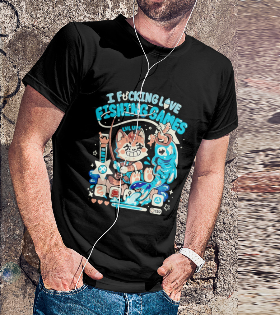 I Fucking Love Fishing Games XP Splash Cute Cat With Fish And Hearts T-Shirt