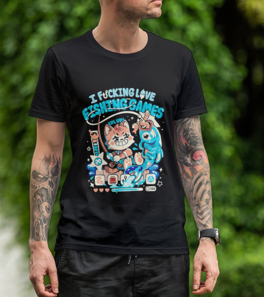 I Fucking Love Fishing Games XP Splash Cute Cat With Fish And Hearts T-Shirt