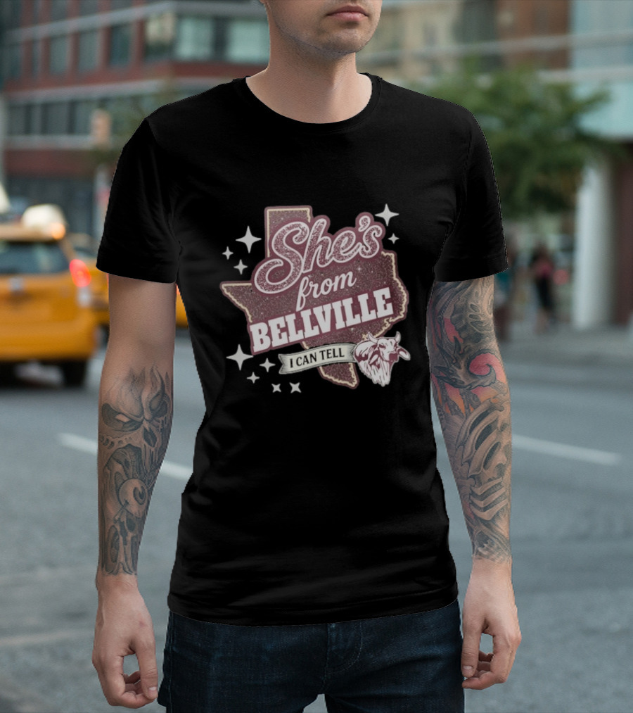She's From Bellville I Can Tell Texas Map Stars Cowhead T-Shirt