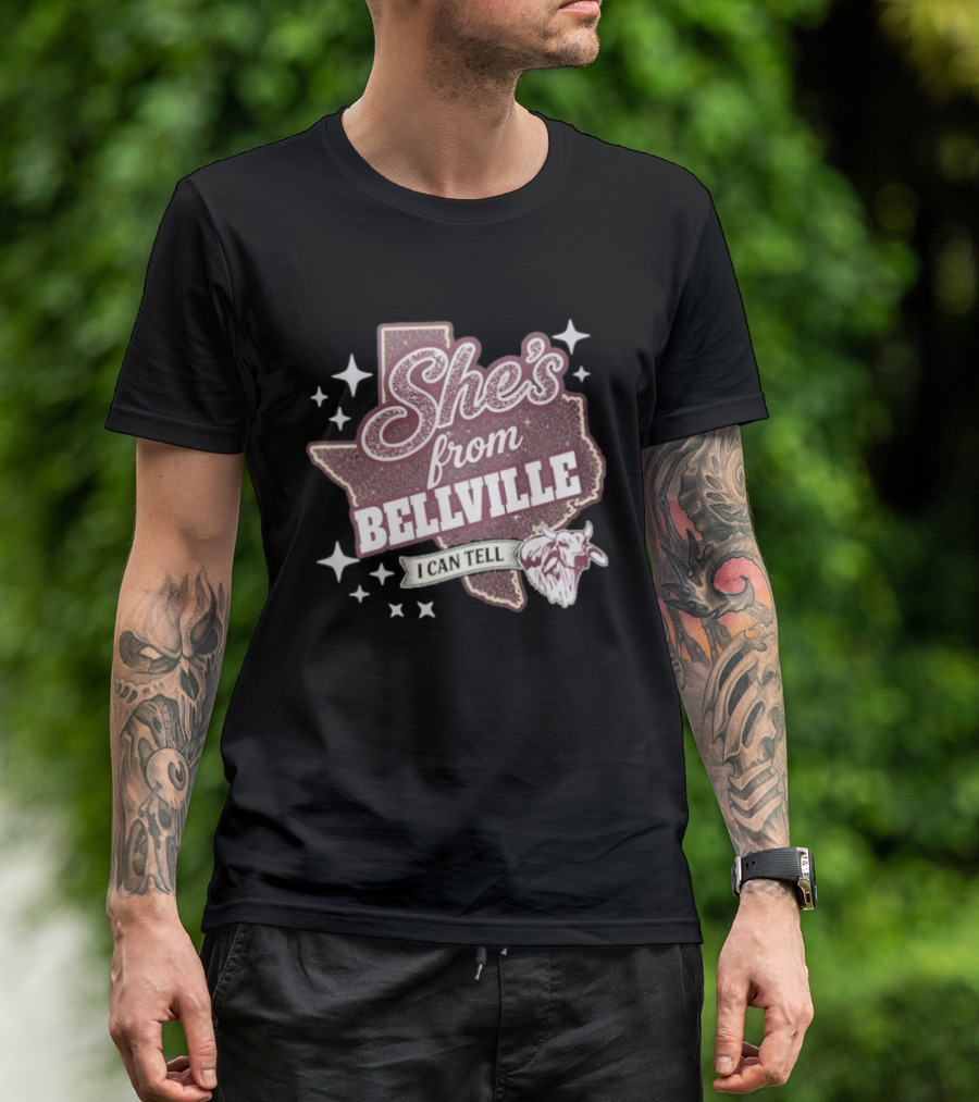 She's From Bellville I Can Tell Texas Map Stars Cowhead T-Shirt