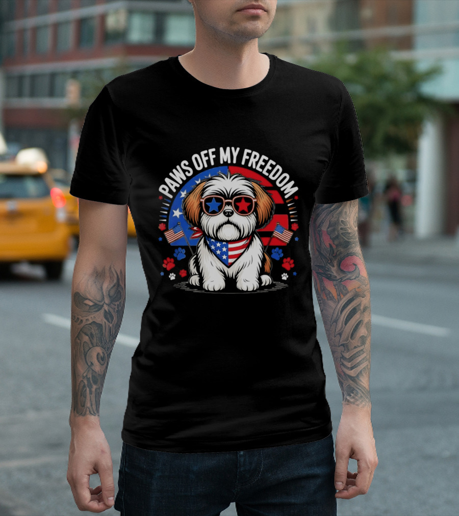 Paws Off My Freedom Shih Tzu American Flag Sunglasses Stars And Stripes T-Shirt