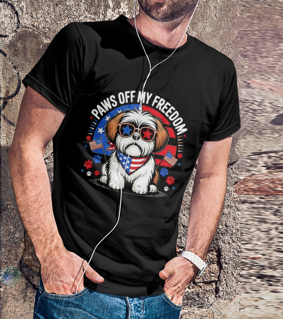 Paws Off My Freedom Shih Tzu American Flag Sunglasses Stars And Stripes T-Shirt