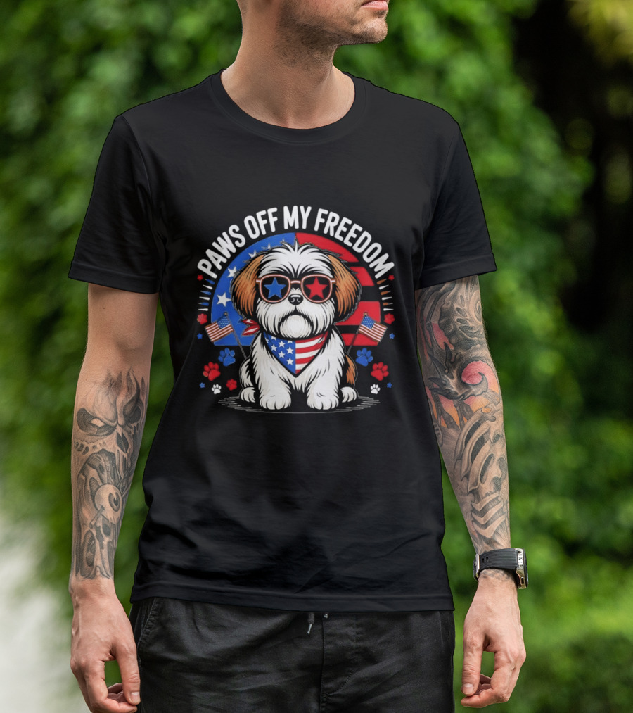 Paws Off My Freedom Shih Tzu American Flag Sunglasses Stars And Stripes T-Shirt