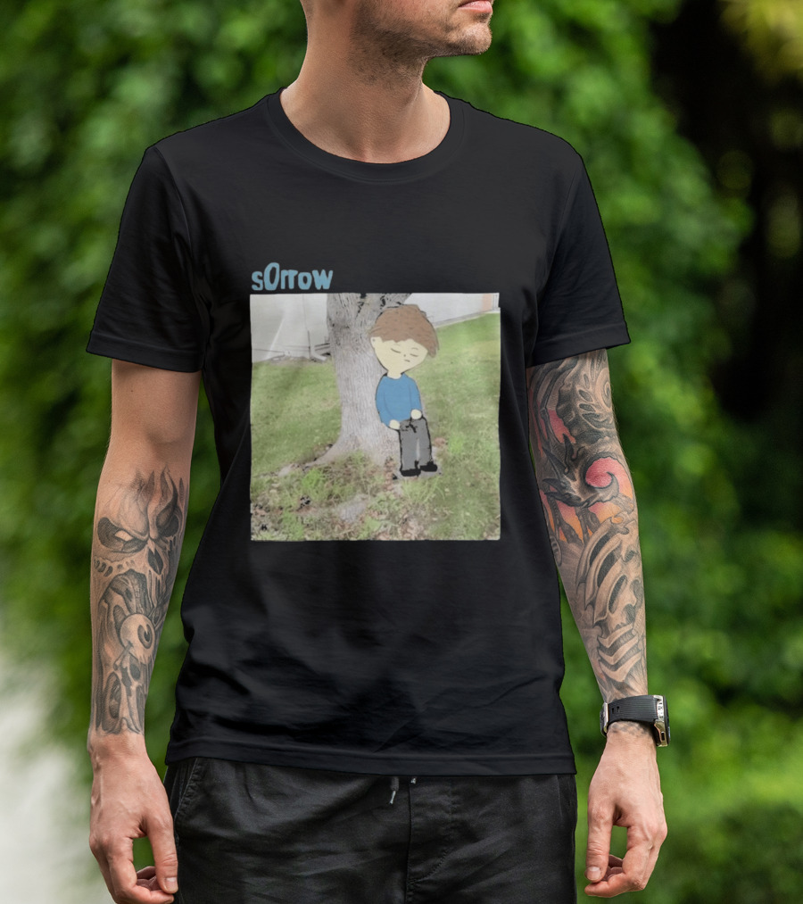 Sorrow Unhappy Sad Boy Leaning Against Tree T-Shirt