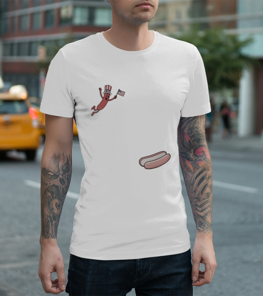 Hot Dog Wearing USA Flag Hat Jumping With American Spirit T-Shirt