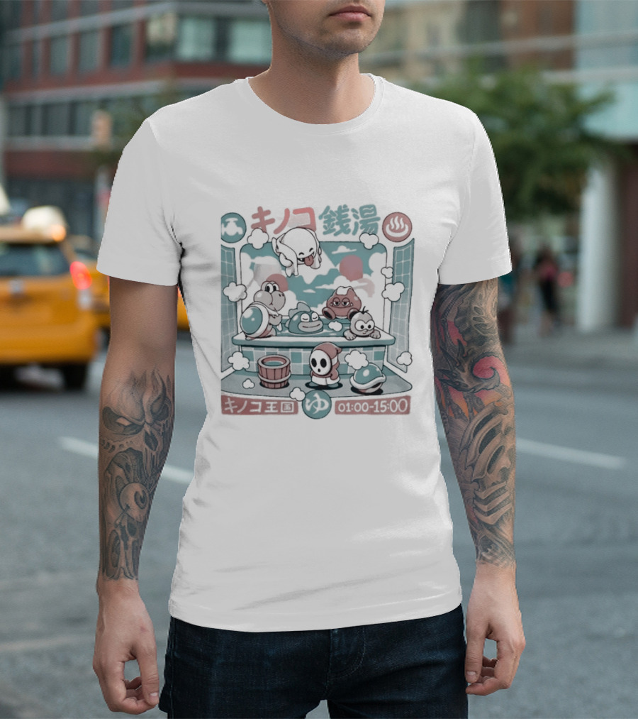 Mushroom Bathhouse Ilustrata Onsen Adventure Kanji Pixel T-Shirt
