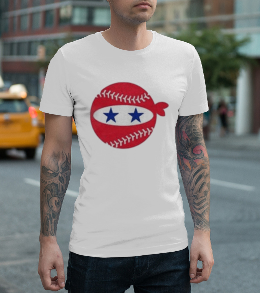 Pitching Ninja Baseball Two Blue Stars Red Baseball Stitches T-Shirt