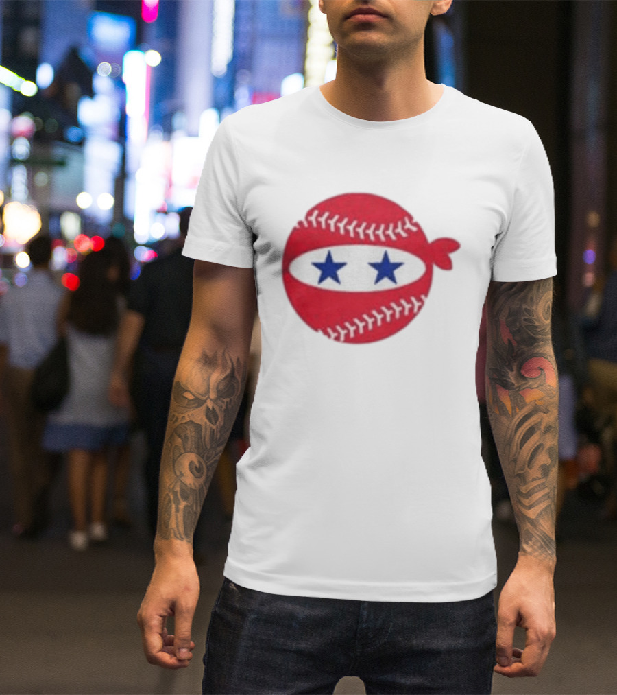 Pitching Ninja Baseball Two Blue Stars Red Baseball Stitches T-Shirt