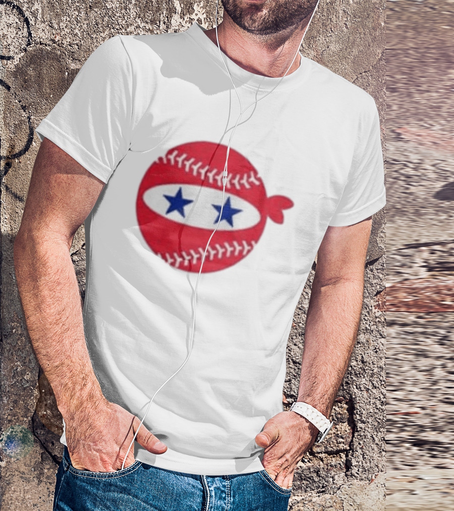 Pitching Ninja Baseball Two Blue Stars Red Baseball Stitches T-Shirt