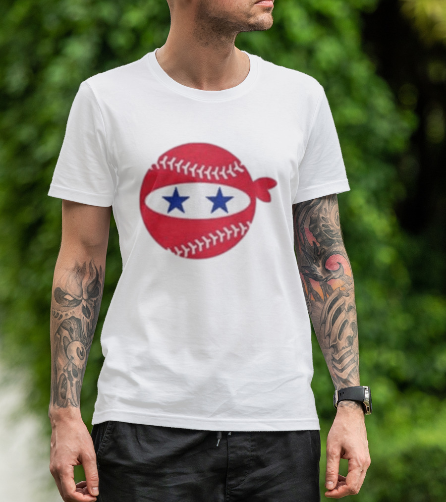Pitching Ninja Baseball Two Blue Stars Red Baseball Stitches T-Shirt