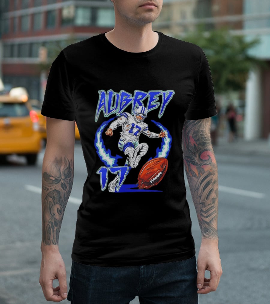 Aubrey 17 Dallas Football Player Kicking With Blue Lightning T-Shirt