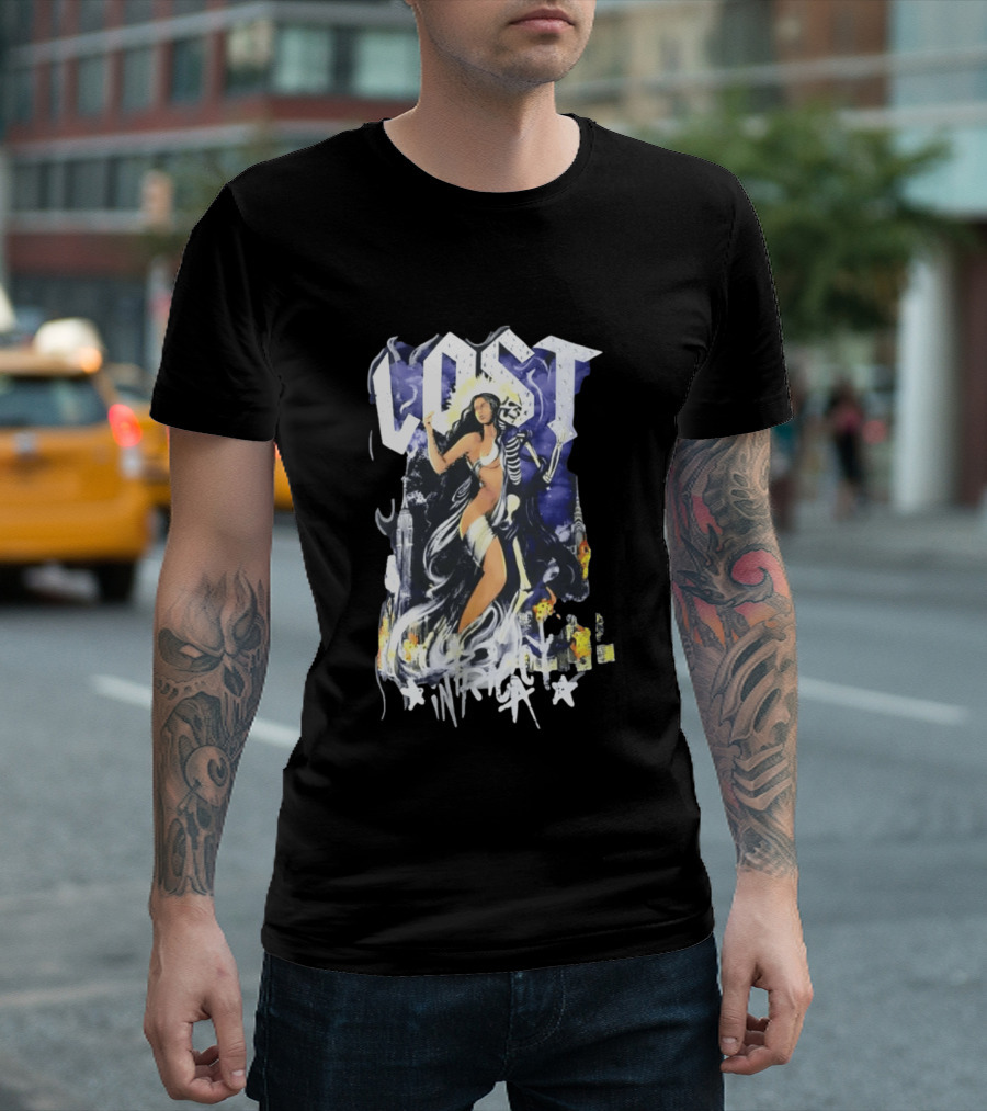 Lost Goddess Skeleton Embrace With City Skyline T-Shirt