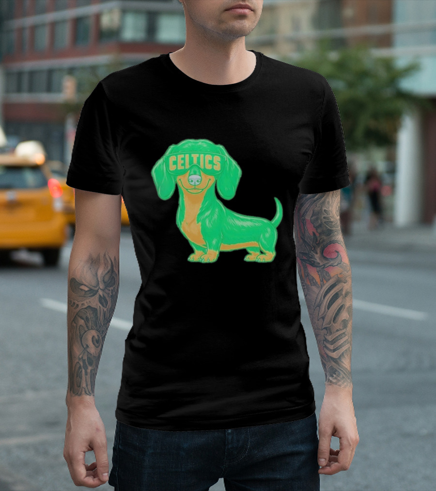 Boston Celtics Dachshund Cartoon Glasses T-Shirt