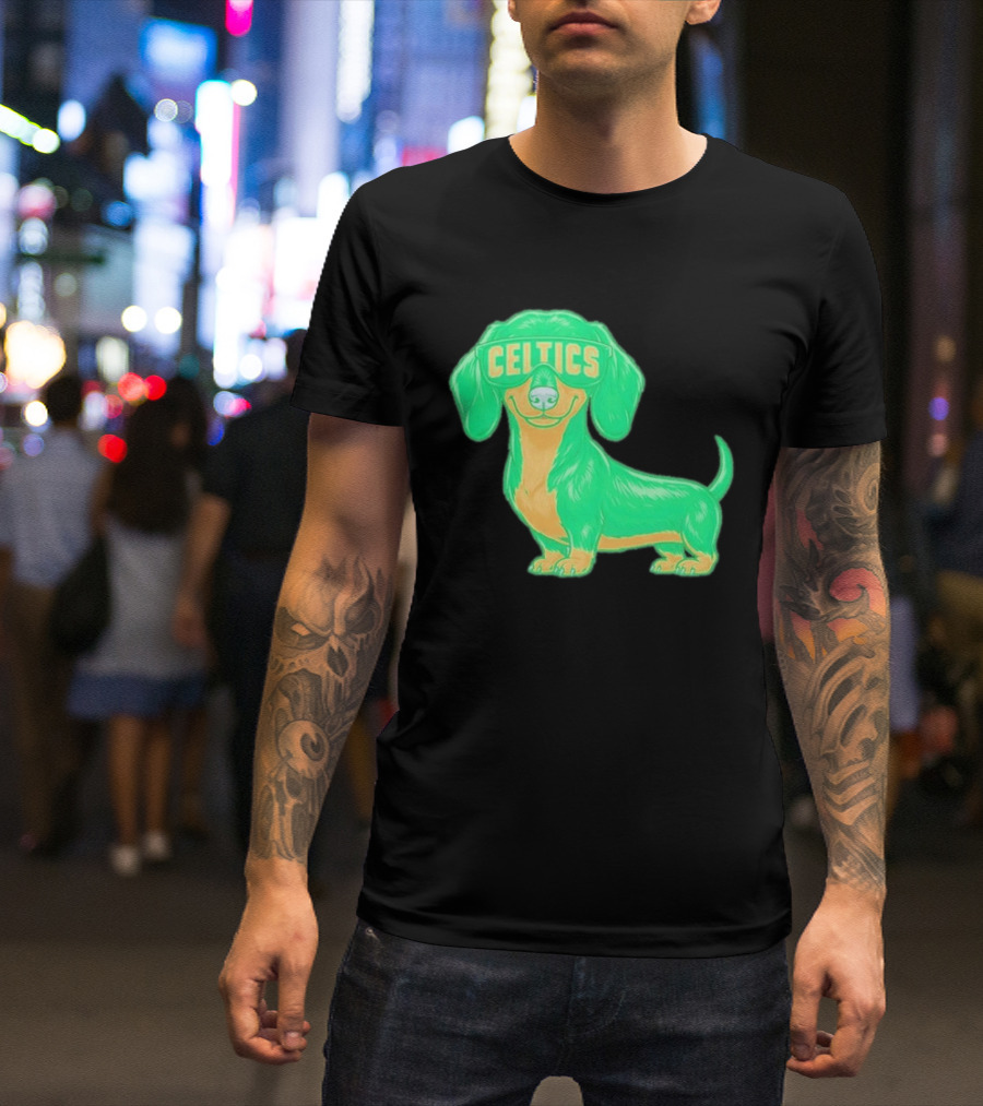 Boston Celtics Dachshund Cartoon Glasses T-Shirt