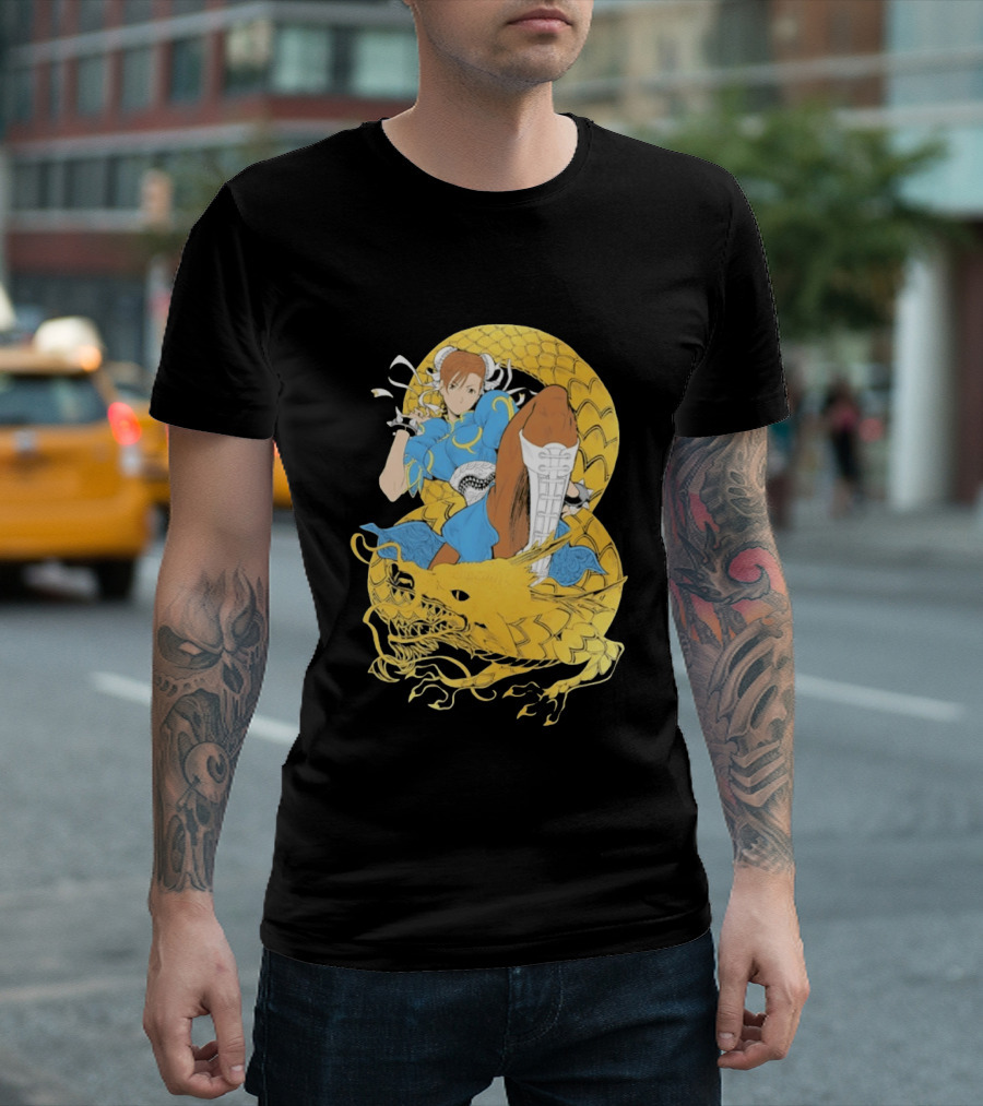 Chun Li Gold Dragon Kick Fighter Blue Outfit Gold Dragon T-Shirt