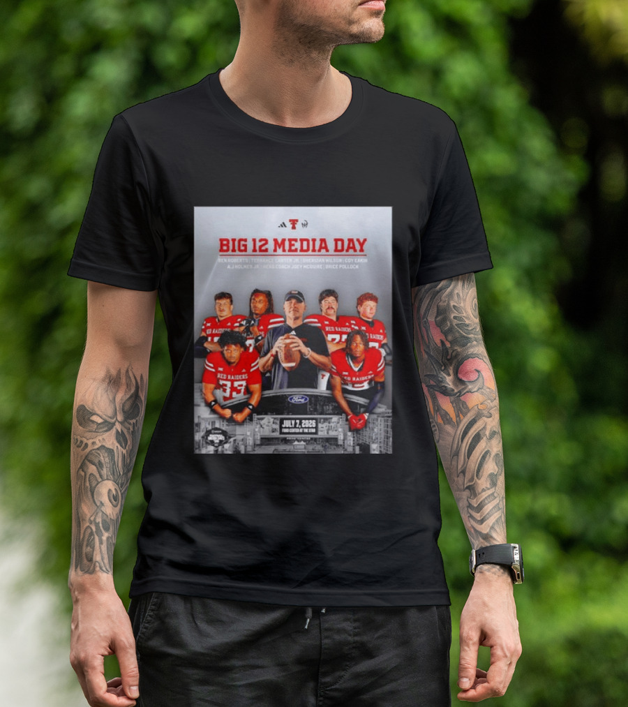 Big 12 Media Day Texas Tech Red Raiders July 7 2026 With Ben Roberts And Joey McGuire T-Shirt