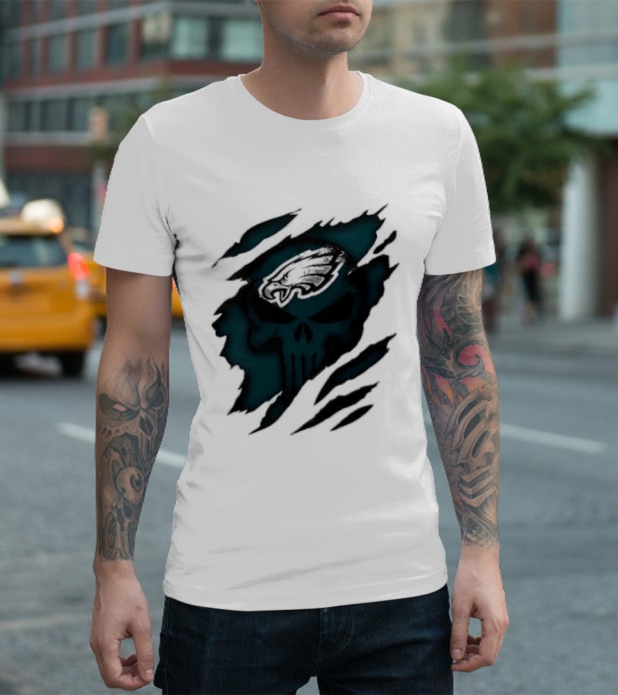 Philadelphia Eagles Punisher Skull Ripped Effect NFL Team Merchandise T-Shirt