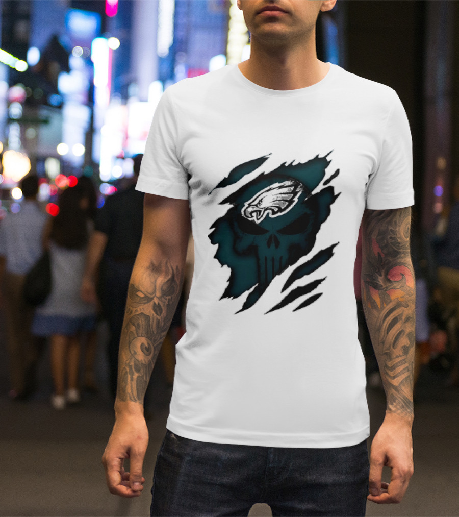 Philadelphia Eagles Punisher Skull Ripped Effect NFL Team Merchandise T-Shirt