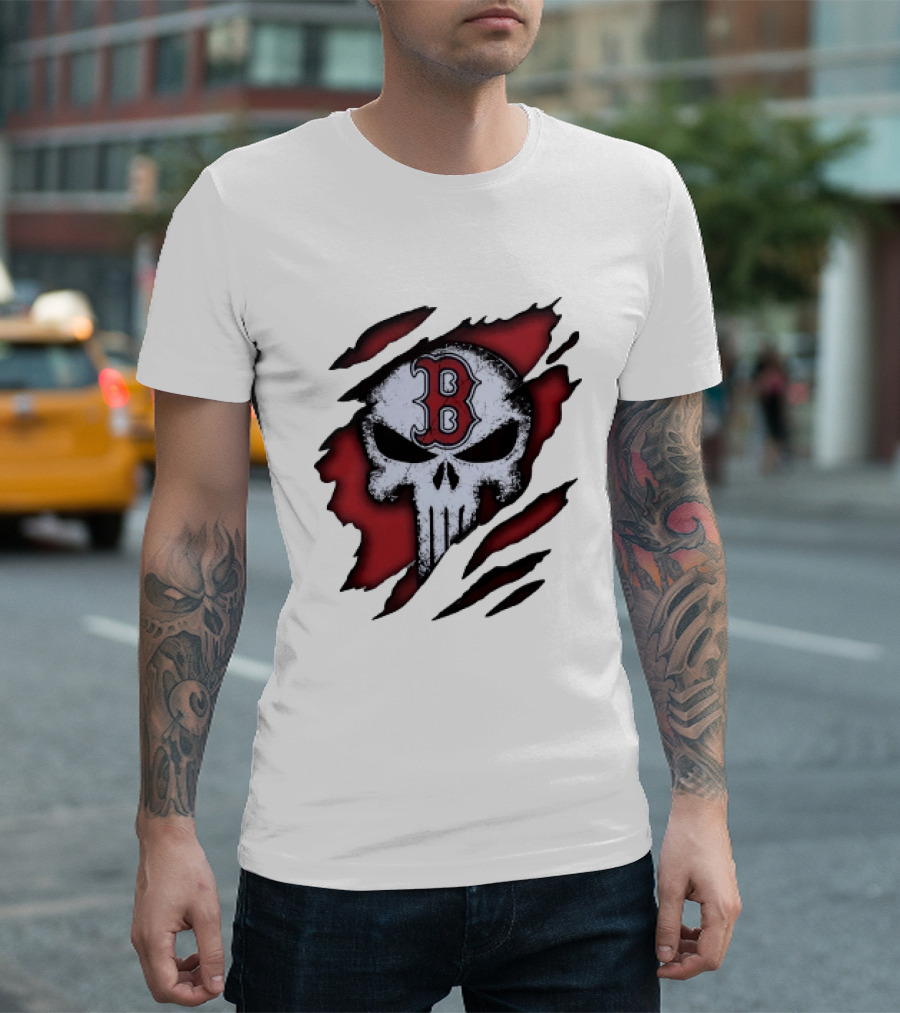 Boston Red Sox Skull Punisher Shredded Effect T-Shirt