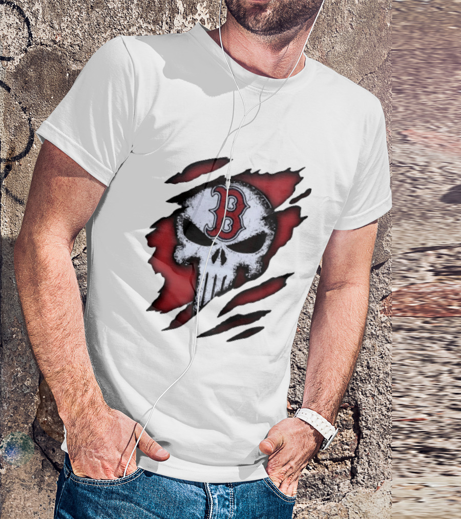Boston Red Sox Skull Punisher Shredded Effect T-Shirt