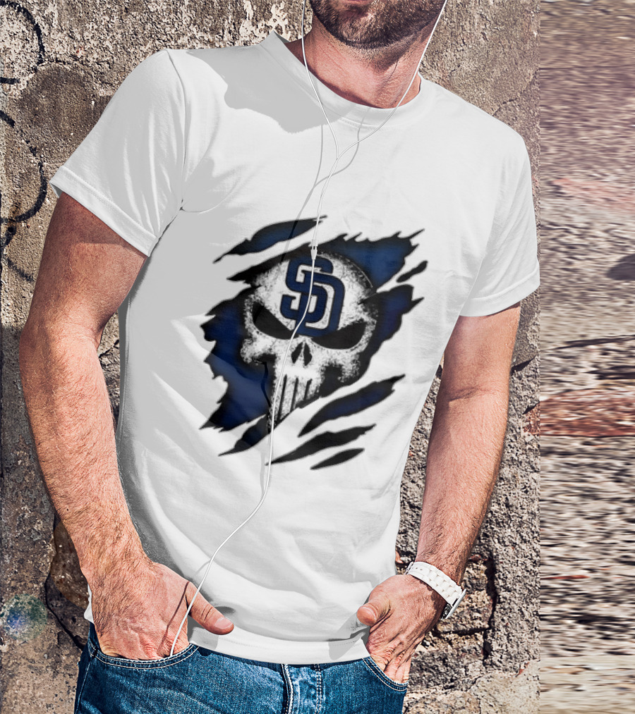 SD Punisher Skull Ripped Fabric San Diego Padres T-Shirt