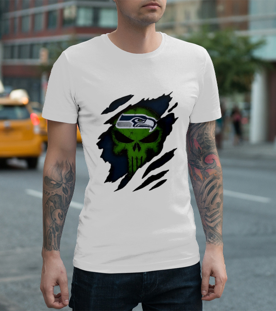 Seattle Seahawks Punisher Skull Ripped Fabric T-Shirt