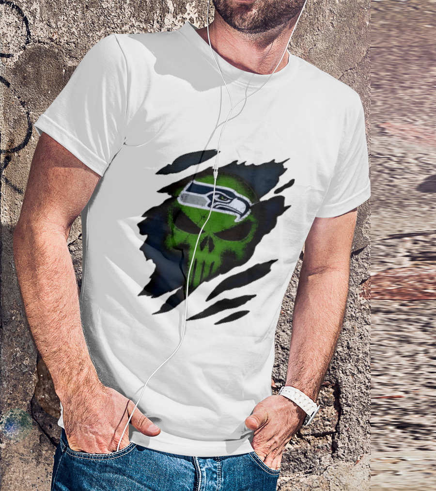 Seattle Seahawks Punisher Skull Ripped Fabric T-Shirt
